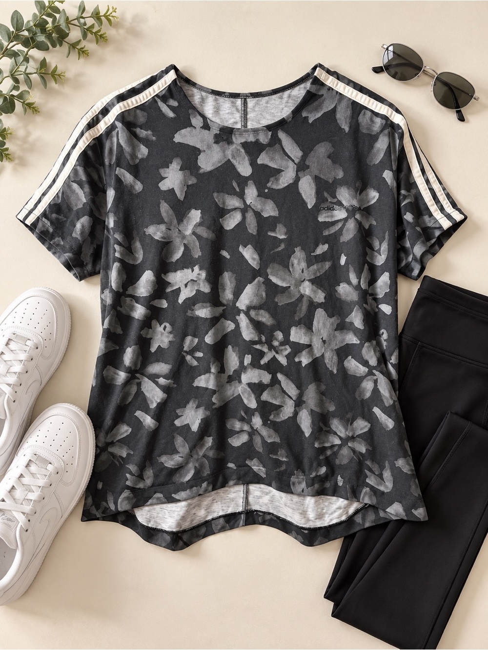 Adidas Neo Gray Floral 3-Stripe Short Sleeve Top XL